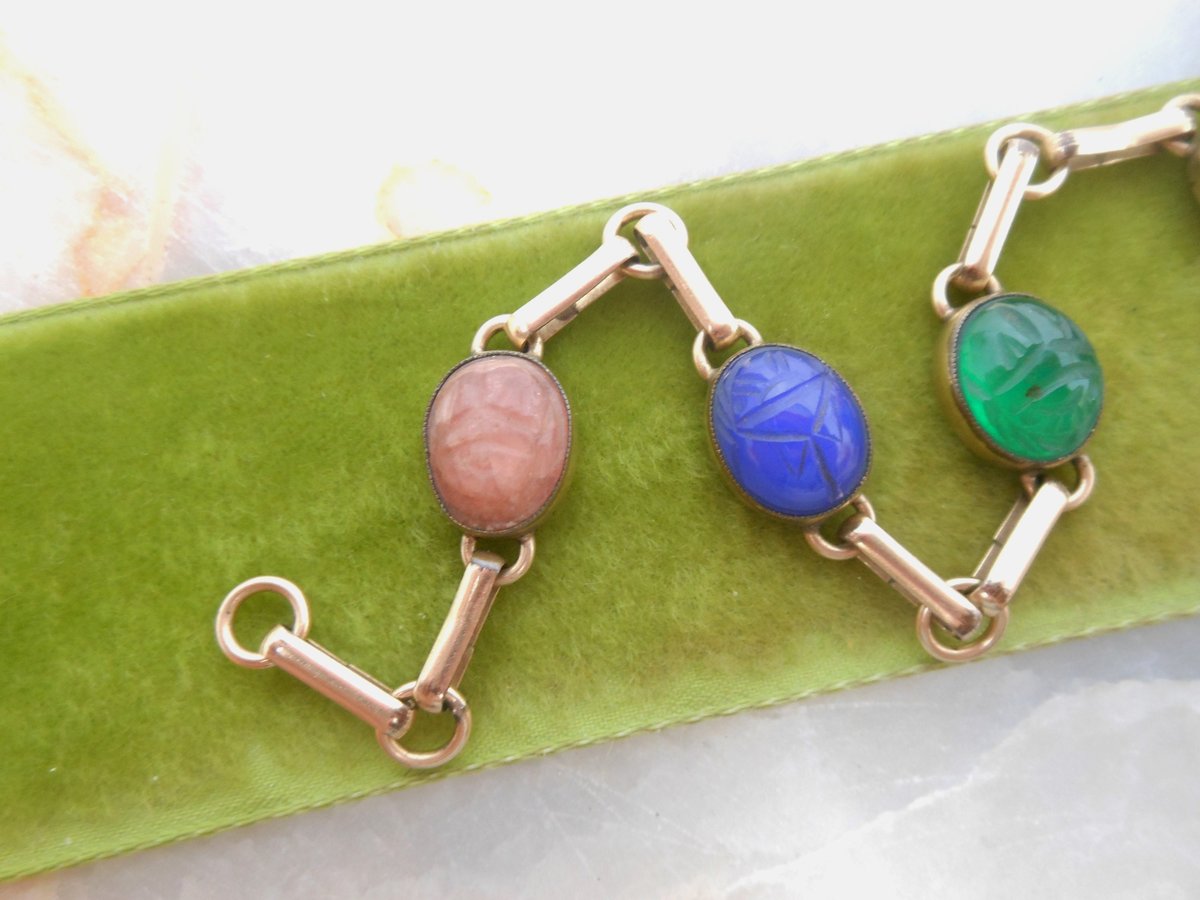 Vintage Egyptian Revival Carved Gemstone Scarab Bracelet Beetle GOLD Fill 12K GF Jewelry Gift Designer Mid Century, VivianJoel.com