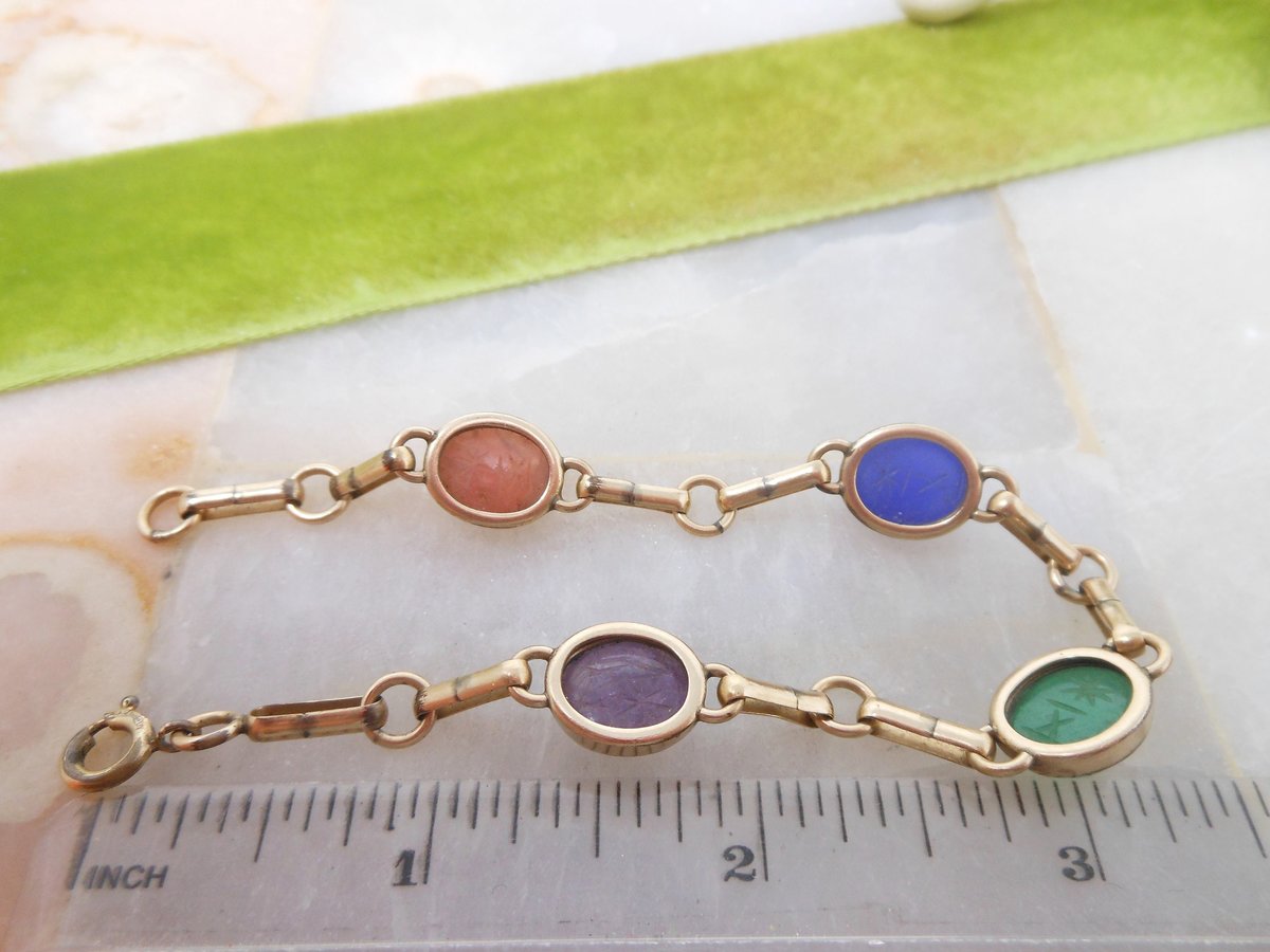 Vintage Egyptian Revival Carved Gemstone Scarab Bracelet Beetle GOLD Fill 12K GF Jewelry Gift Designer Mid Century, VivianJoel.com