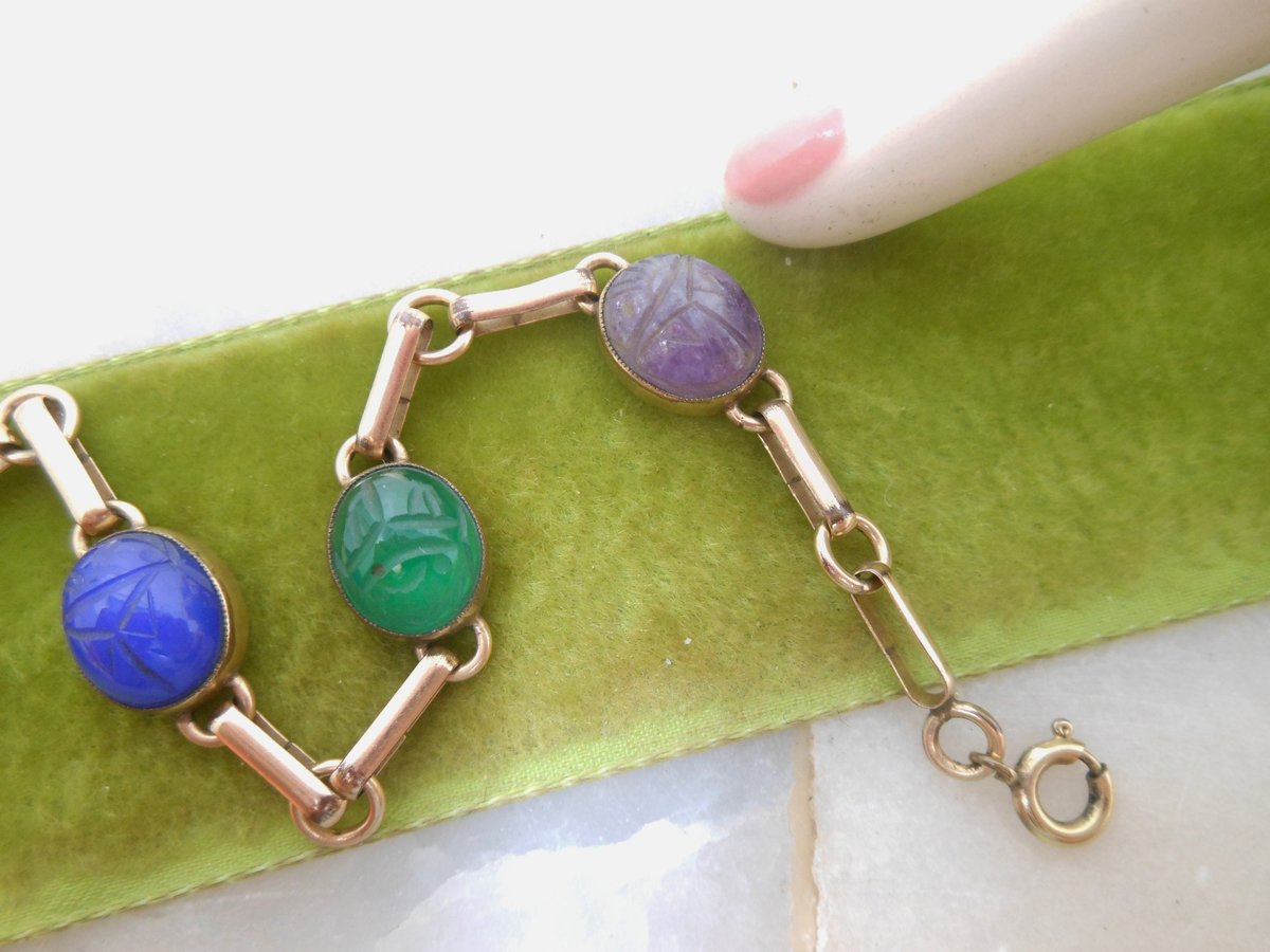Vintage Egyptian Revival Carved Gemstone Scarab Bracelet Beetle GOLD Fill 12K GF Jewelry Gift Designer Mid Century, VivianJoel.com