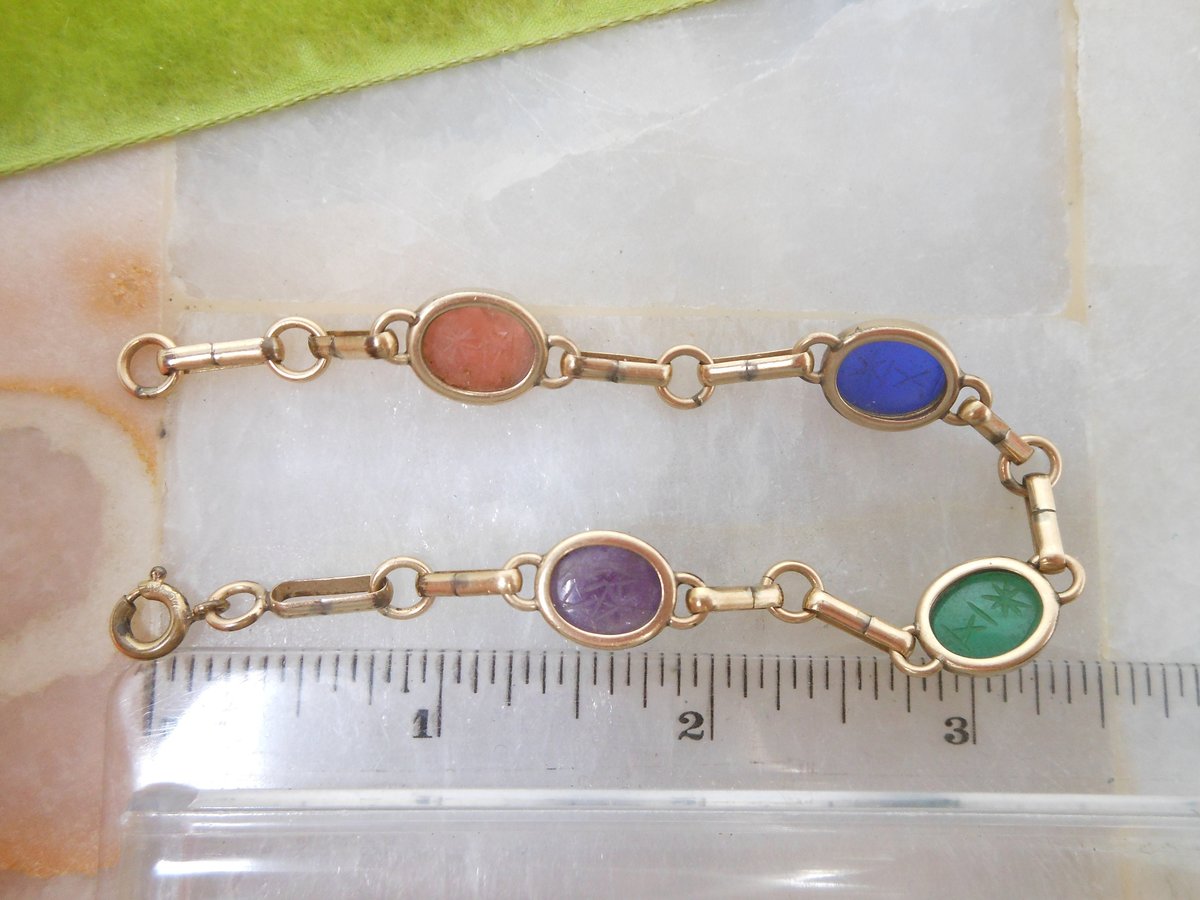 Vintage Egyptian Revival Carved Gemstone Scarab Bracelet Beetle GOLD Fill 12K GF Jewelry Gift Designer Mid Century, VivianJoel.com