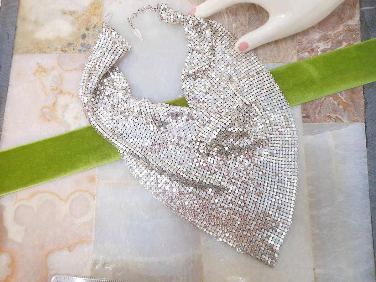 Vintage WHITING DAVIS Mesh Necklace Scarf Bib Silvertone Iconic Liquid Metal Designer Mid Century Jewelry Gift,  VivianJoel.com