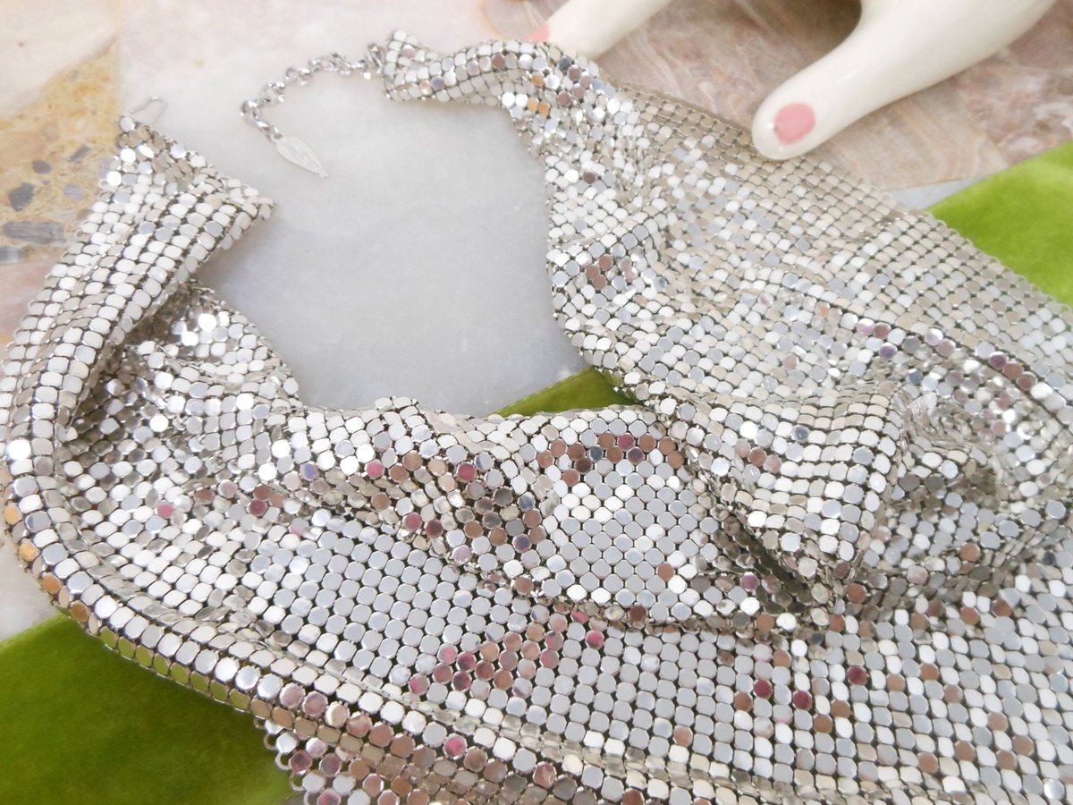 Vintage WHITING DAVIS Mesh Necklace Scarf Bib Silvertone Iconic Liquid Metal Designer Mid Century Jewelry Gift,  VivianJoel.com
