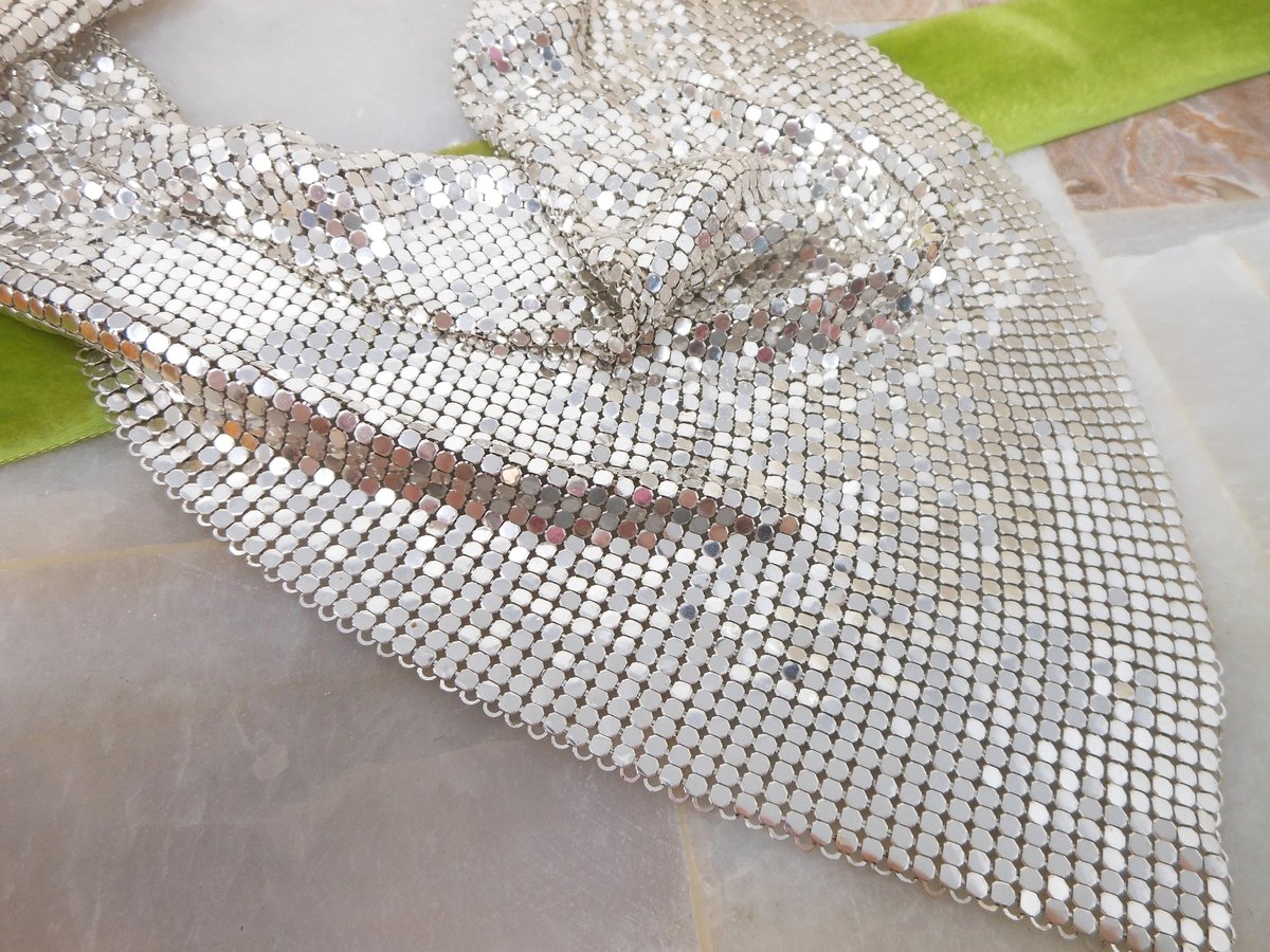 Vintage WHITING DAVIS Mesh Necklace Scarf Bib Silvertone Iconic Liquid Metal Designer Mid Century Jewelry Gift,  VivianJoel.com