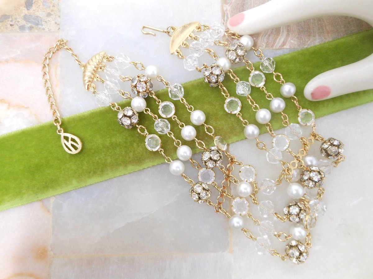 Vintage Crystal Pearl Choker Necklace Rhinestone Bead Multi Strand Beze Set Designer Mid Century Jewelry Gift, VivianJoel.com