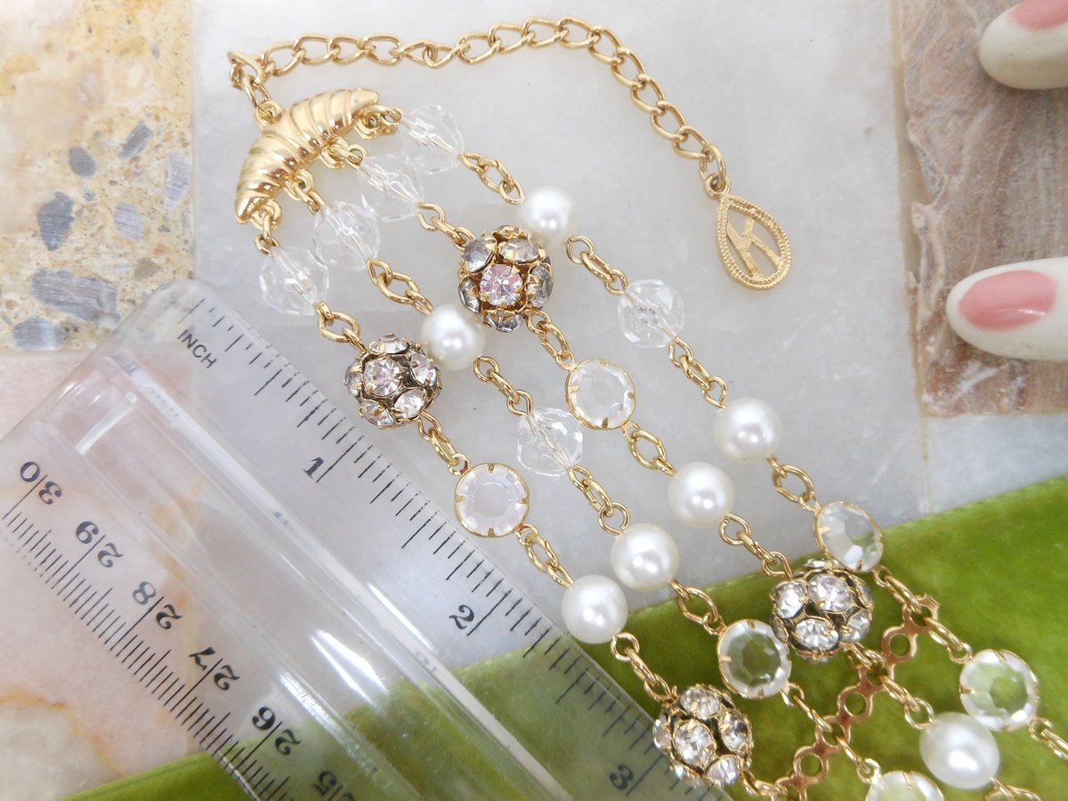 Vintage Crystal Pearl Choker Necklace Rhinestone Bead Multi Strand Beze Set Designer Mid Century Jewelry Gift, VivianJoel.com