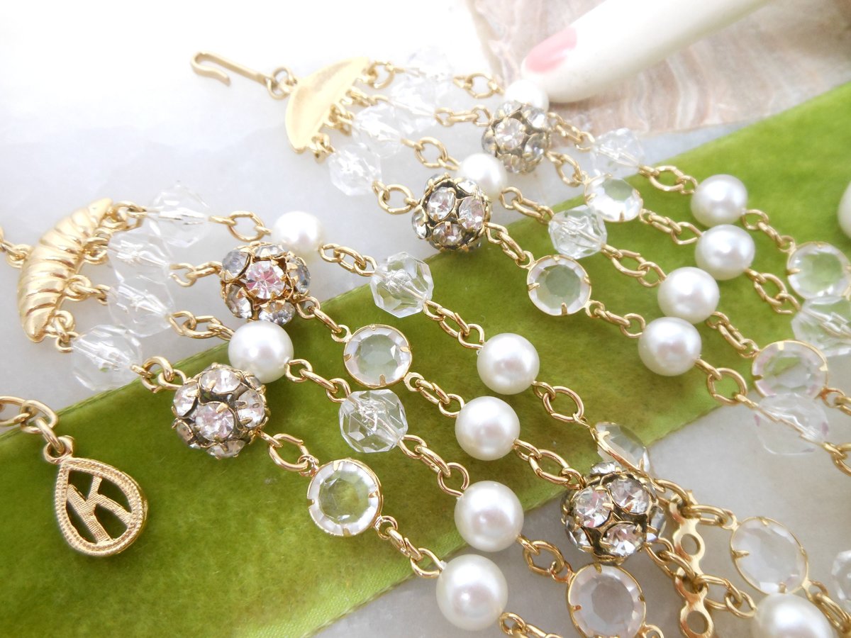 Vintage Crystal Pearl Choker Necklace Rhinestone Bead Multi Strand Beze Set Designer Mid Century Jewelry Gift, VivianJoel.com