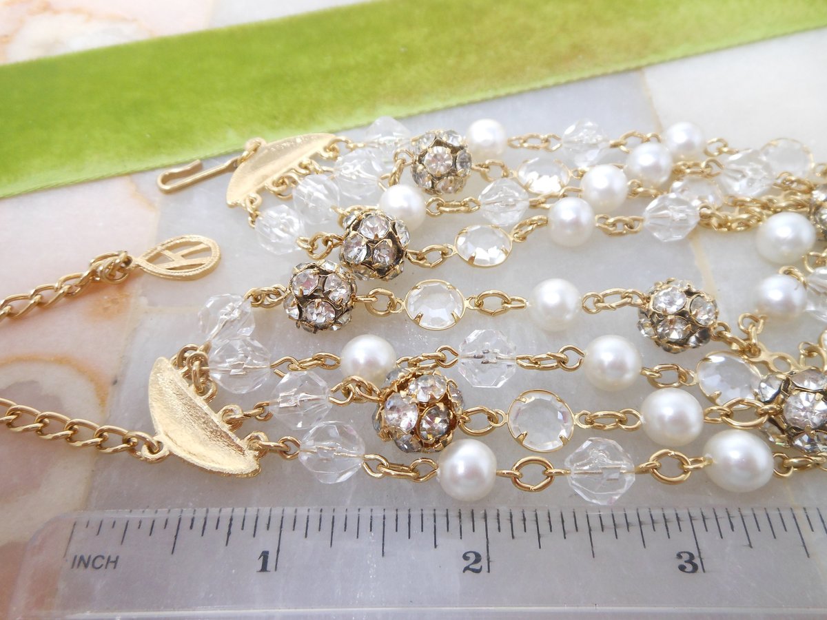 Vintage Crystal Pearl Choker Necklace Rhinestone Bead Multi Strand Beze Set Designer Mid Century Jewelry Gift, VivianJoel.com
