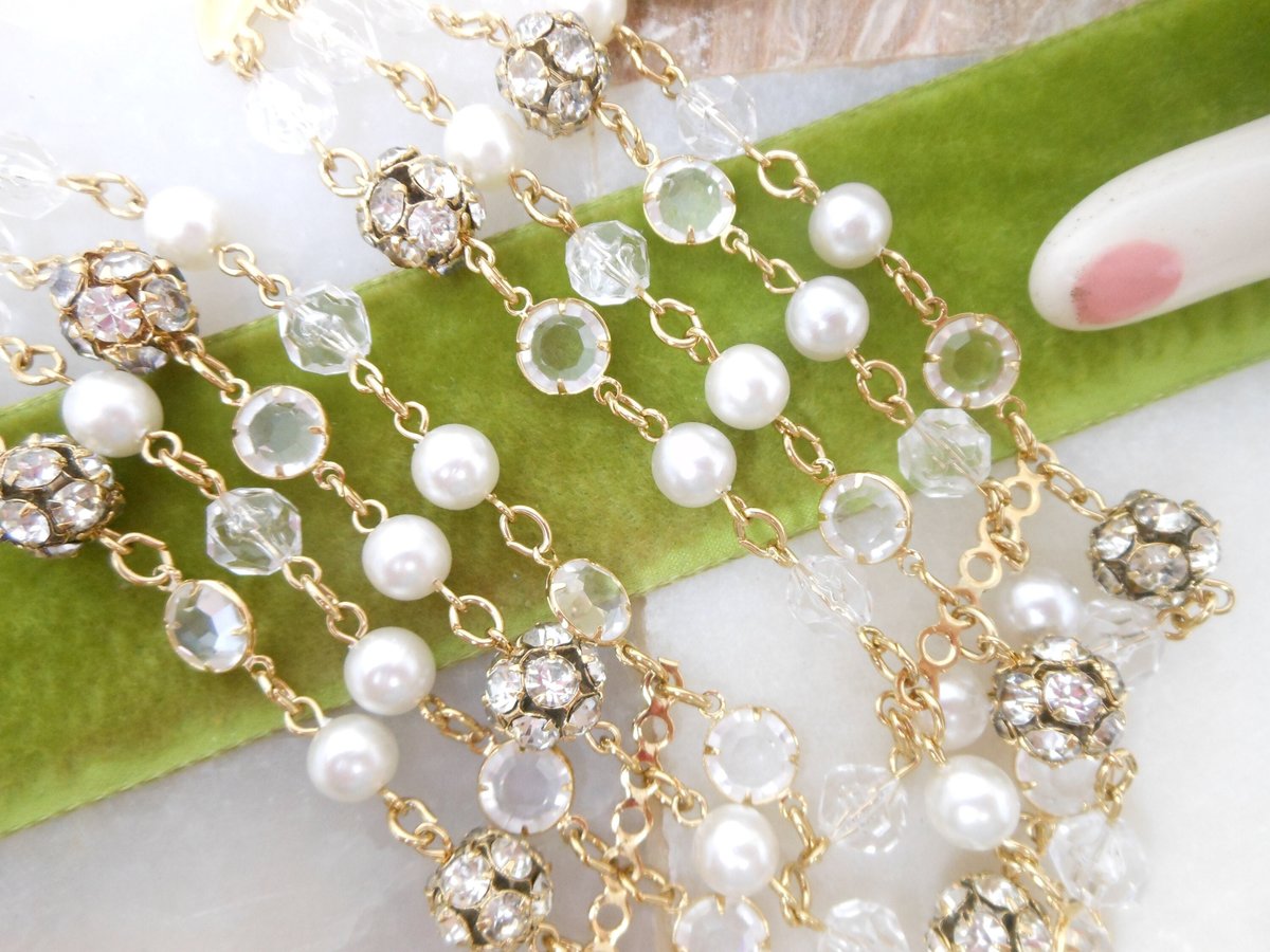 Vintage Crystal Pearl Choker Necklace Rhinestone Bead Multi Strand Beze Set Designer Mid Century Jewelry Gift, VivianJoel.com