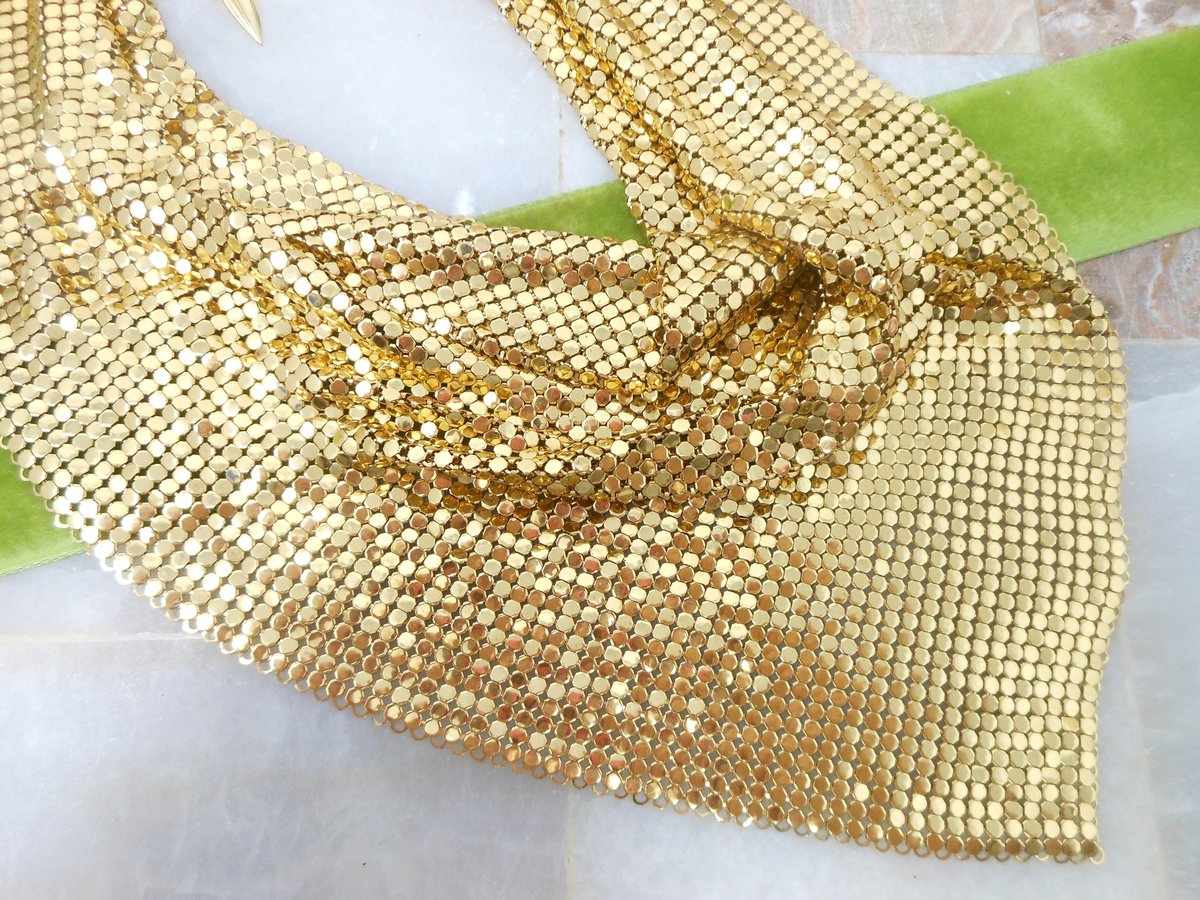 Vintage WHITING DAVIS Mesh Necklace Scarf Bib Gold Plate Chainmail Iconic Liquid Metal Designer Mid Century Jewelry Gift,  VivianJoel.com