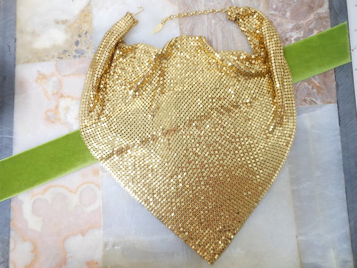 Vintage WHITING DAVIS Mesh Necklace Scarf Bib Gold Plate Chainmail Iconic Liquid Metal Designer Mid Century Jewelry Gift,  VivianJoel.com