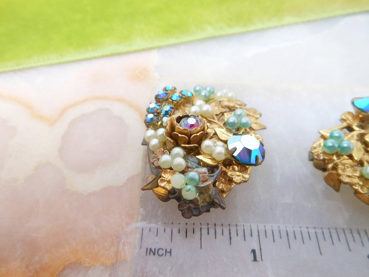 Vintage Cluster Flower Earrings Rhinestone Clip On Ornate Seed Pearl Aurora Borealis Mid Century Jewelry *As Is*, VivianJoel.com