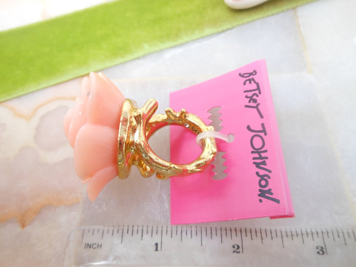 Vintage BETSEY JOHNSON Lucite Ring Plastic Rose Flower Rhinestone  Huge Chunky Resin MOD Funky Size 8 Designer Gift, VivianJoel.com