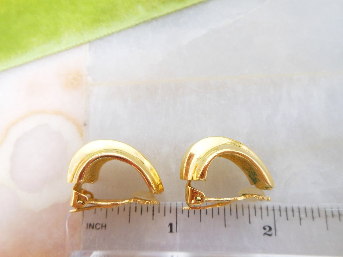 Vintage GIVENCHY Earrings Shiny Gold Plate Designer Clip On Classic Timeless Half Hoop Paris New York Runway Jewelry Gift, VivianJoel.com