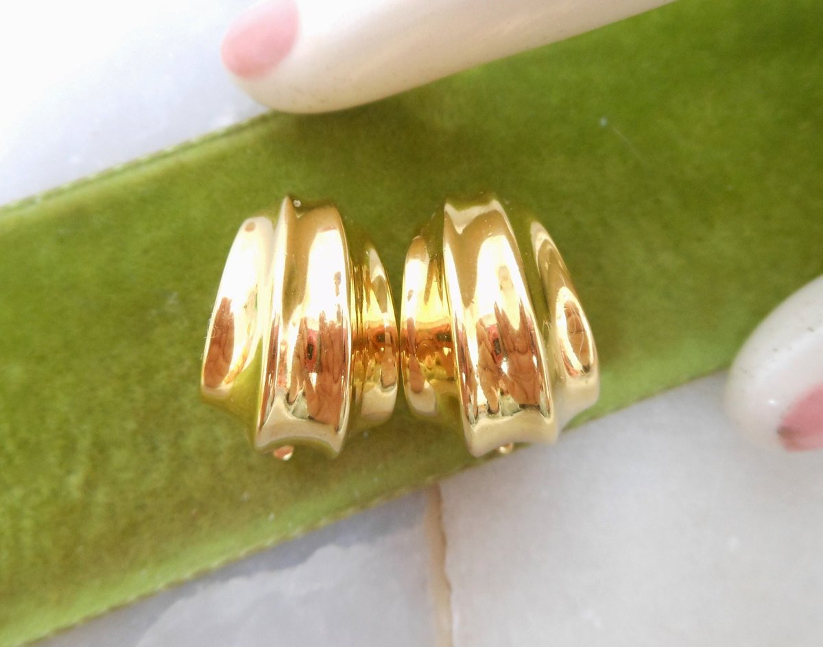 Vintage GIVENCHY Earrings Shiny Gold Plate Designer Clip On Classic Timeless Half Hoop Paris New York Runway Jewelry Gift, VivianJoel.com