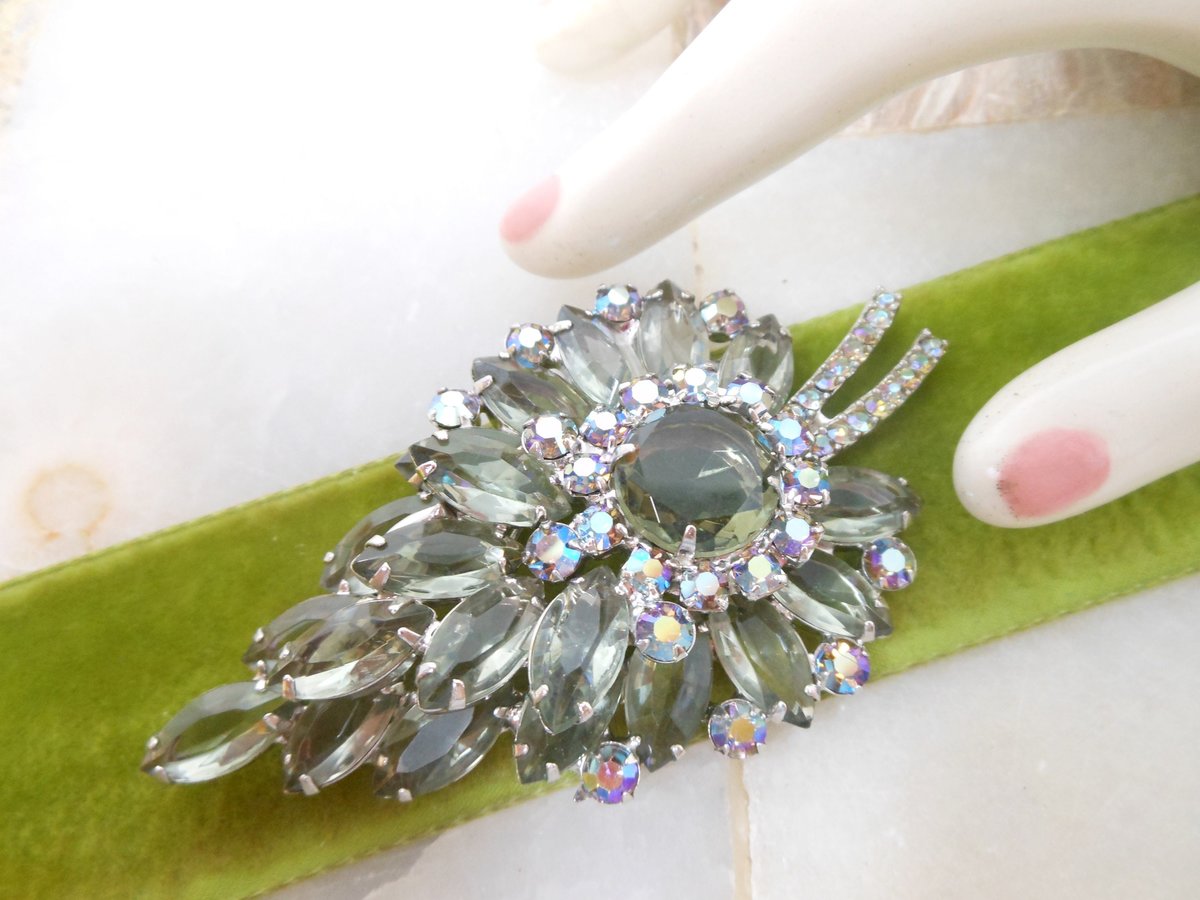 Vintage JULIANA Verified Brooch Flower Leaf Large Rhinestone Gray Green Aurora BorealisDesigner Mid Century Jewelry Gift, VivianJoel.com