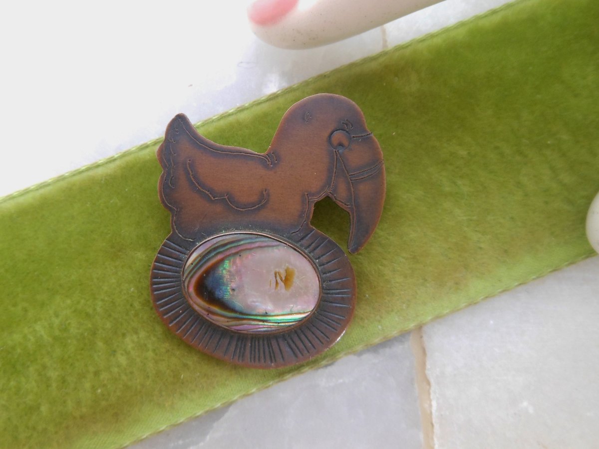 Vintage PAT GARRETT Bird Dodo Pin  Copper Abalone Brooch Handcraft Artisan 1981 Designer Gift Jewelry, VivianJoel.com