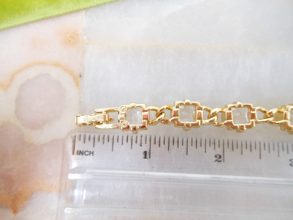 Vintage SWAROVSKI Crystal Bracelet Designer SWAN LOGO Gold Plate Faceted Clear Tennis Chain Link Jewelry Gift, VivianJoel.com