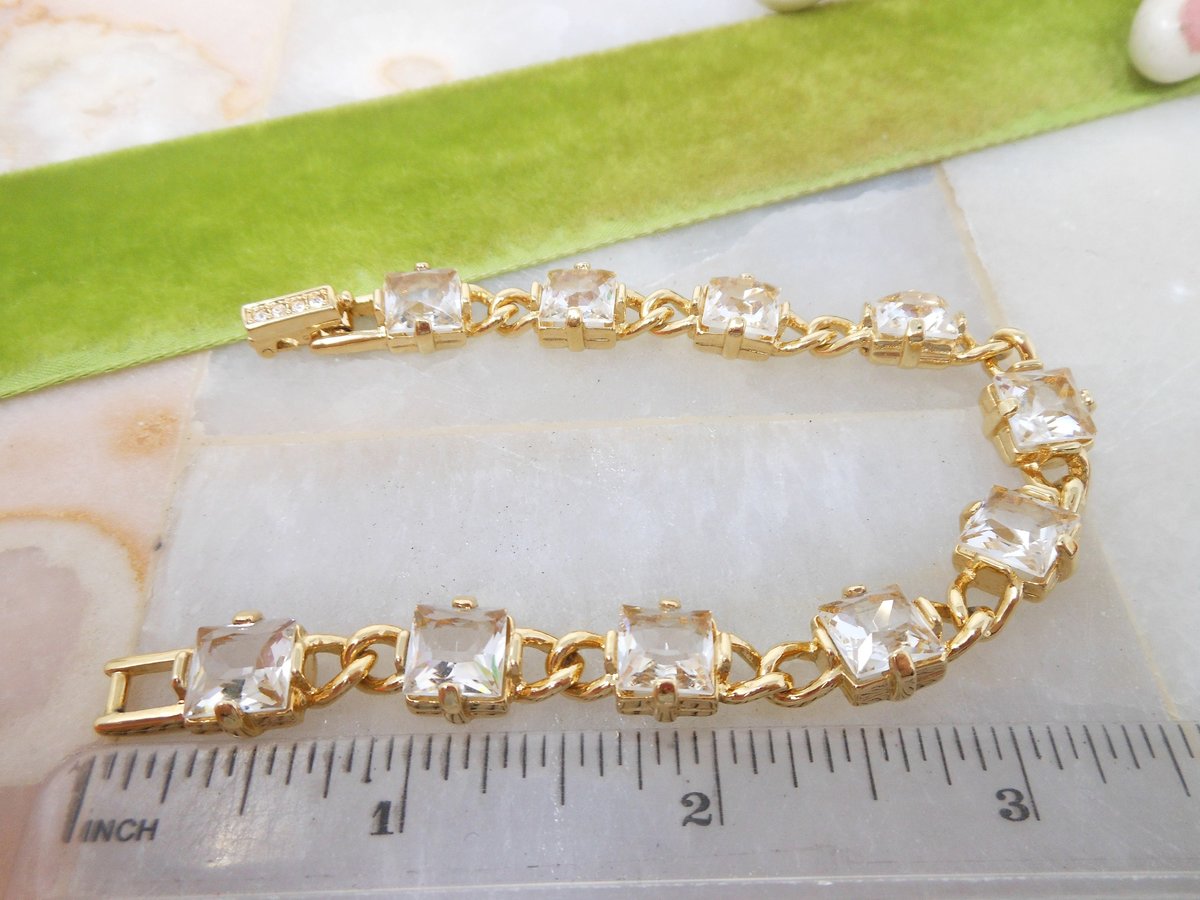 Vintage SWAROVSKI Crystal Bracelet Designer SWAN LOGO Gold Plate Faceted Clear Tennis Chain Link Jewelry Gift, VivianJoel.com