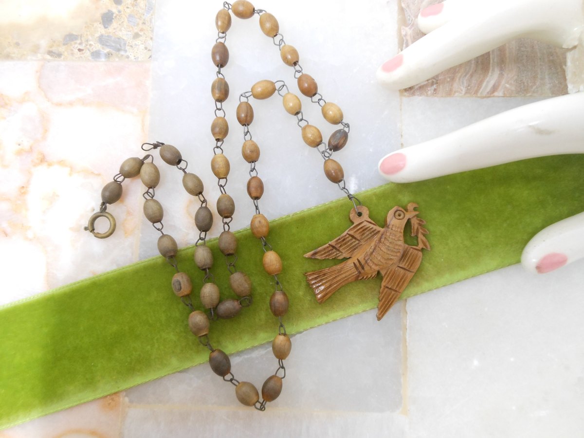 Vintage Peace Dove Bird Necklace Carved Wood Handcraft Pendant Jewelry Folk Art Boho Hippie Kitsch Gift Mid Century, VivianJoel.com