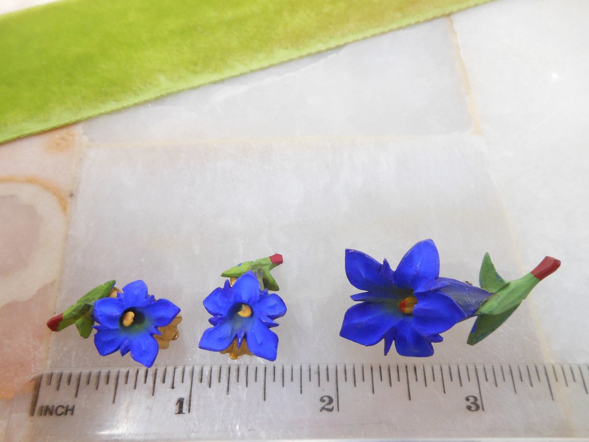 Vintage Gentian Brooch Earrings Set Carved Flower Artisan Cobalt Blue Pin Trumpet Lily Handcraft Jewelry Gift Mid Century, VivianJoel.com