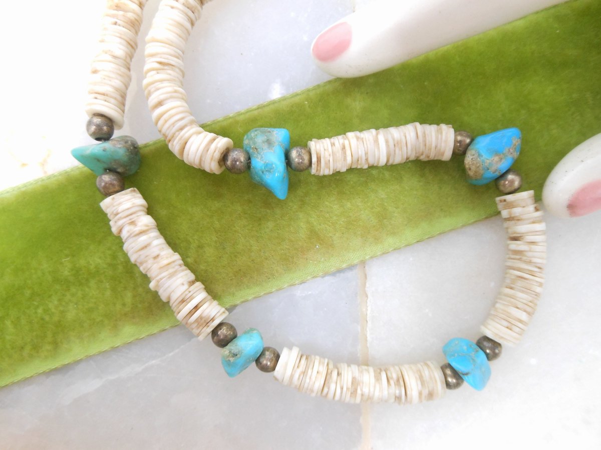 Vintage Turquoise Bead Necklace Collar Chunky Organic Stone Puka Shell Boho Southwest Organic Mid Century Jewelry Gift, VivianJoel.com