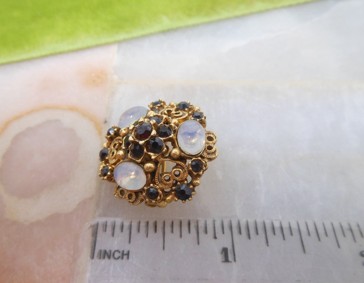 Vintage FLORENZA Brooch Opaline Glass Ruby Red Rhinestone Victorian Revival Pin PETITE Ornate Designer Mid Century Jewelry, VivianJoel.com