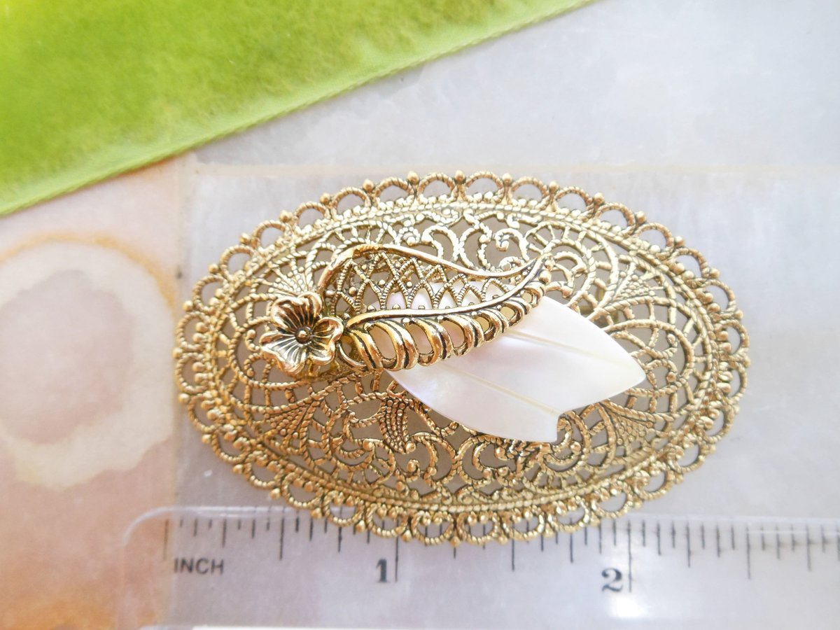 Vintage WEST GERMANY Brooch Victorian Regency Revival Pin Ornate Filigree Mother of Pearl Jewelry Gift Mid Century, VivianJoel.com