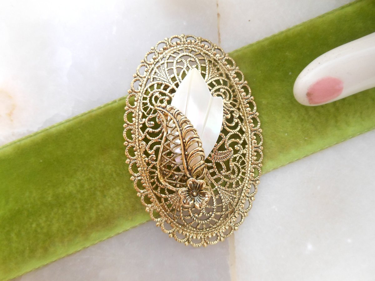 Vintage WEST GERMANY Brooch Victorian Regency Revival Pin Ornate Filigree Mother of Pearl Jewelry Gift Mid Century, VivianJoel.com