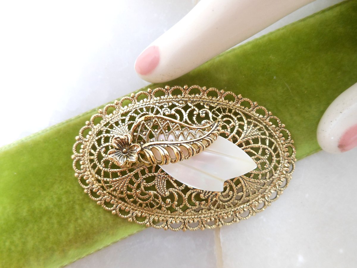 Vintage WEST GERMANY Brooch Victorian Regency Revival Pin Ornate Filigree Mother of Pearl Jewelry Gift Mid Century, VivianJoel.com