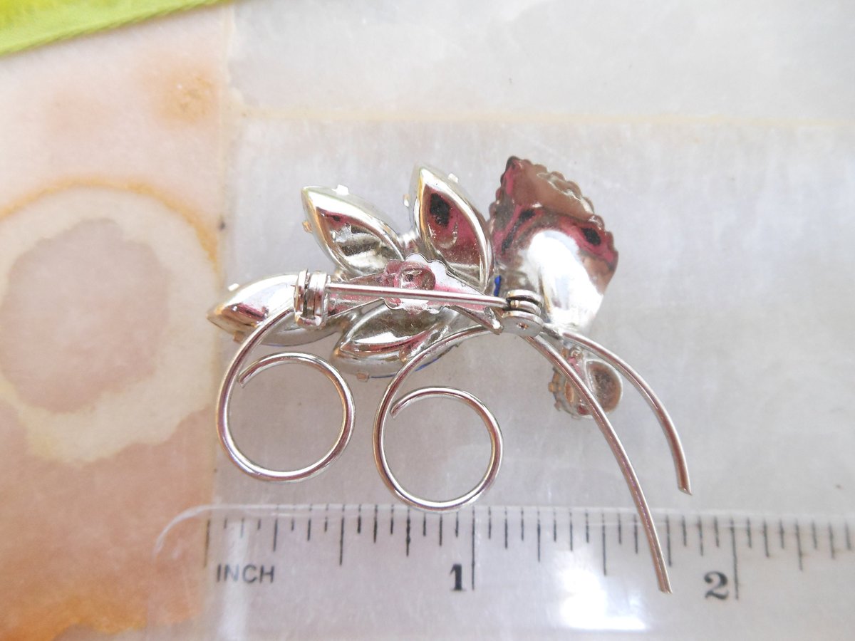 Vintage Blue Flower Brooch Rhinestone Crystal Pin Sweet Petite Wedding Bouquet Mid Century Jewelry Gift, VivianJoel.com