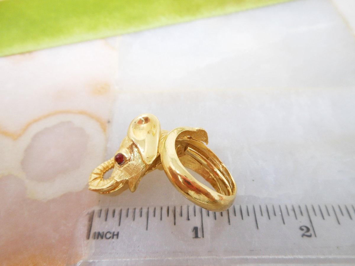 Vintage Crown TRIFARI Elephant Ring Ruby Glass Eye Gold Plate Figural Statement Costume Mid Century Designer * RARE* Jewelry, VivianJoel.com