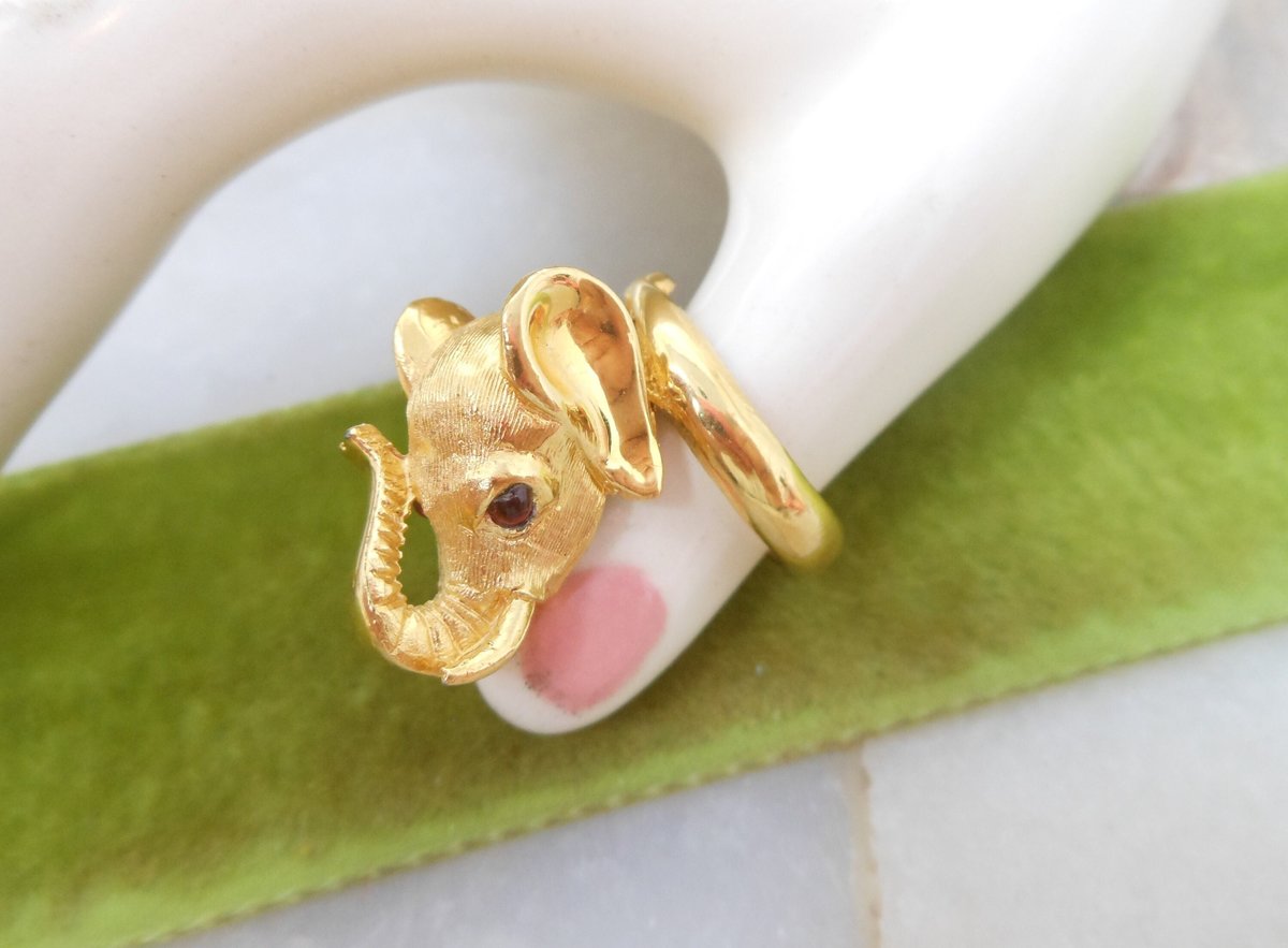 Vintage Crown TRIFARI Elephant Ring Ruby Glass Eye Gold Plate Figural Statement Costume Mid Century Designer * RARE* Jewelry, VivianJoel.com