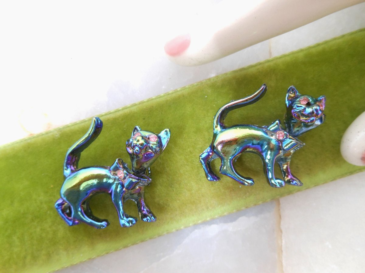 Vintage Cat Scatter Pin Pair Figural Brooch SET Luminous Enamel Pink Rhinestone Wiggle Head Kitty Jewelry Gift Mid Century, VivianJoel.com