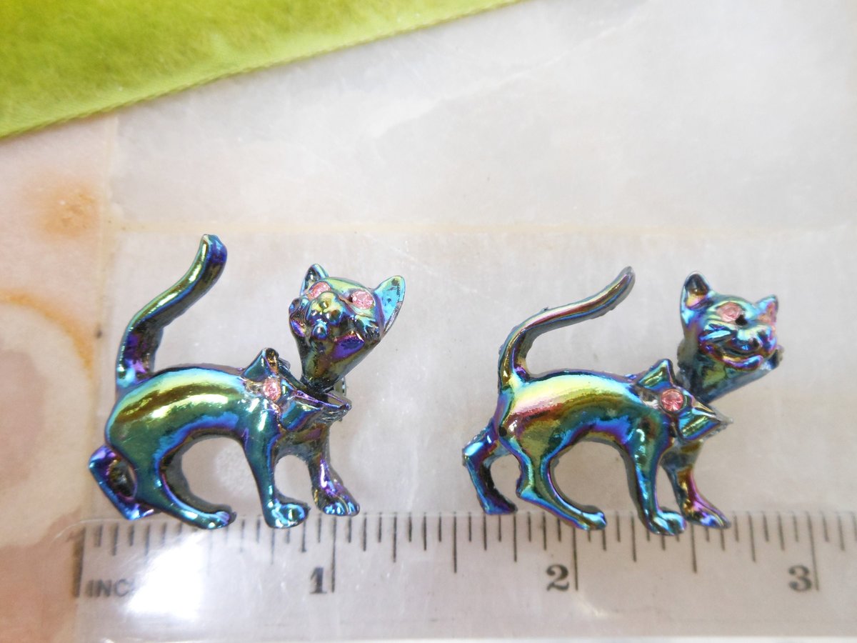Vintage Cat Scatter Pin Pair Figural Brooch SET Luminous Enamel Pink Rhinestone Wiggle Head Kitty Jewelry Gift Mid Century, VivianJoel.com