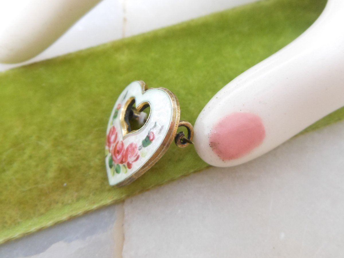 Vintage NORWAY STERLING Silver Pink Rose Heart Enamel Guilloche Brooch Petite Pin OPRO Mid Century Wedding Jewelry Gift, VivianJoel.com