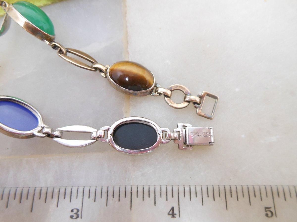 Vintage SYMMETALIC Bracelet STERLING SILVER Gemstone Link Tiger Eye Carnelian Chain Mid Century Designer Jewelry Gift, VivianJoel.com
