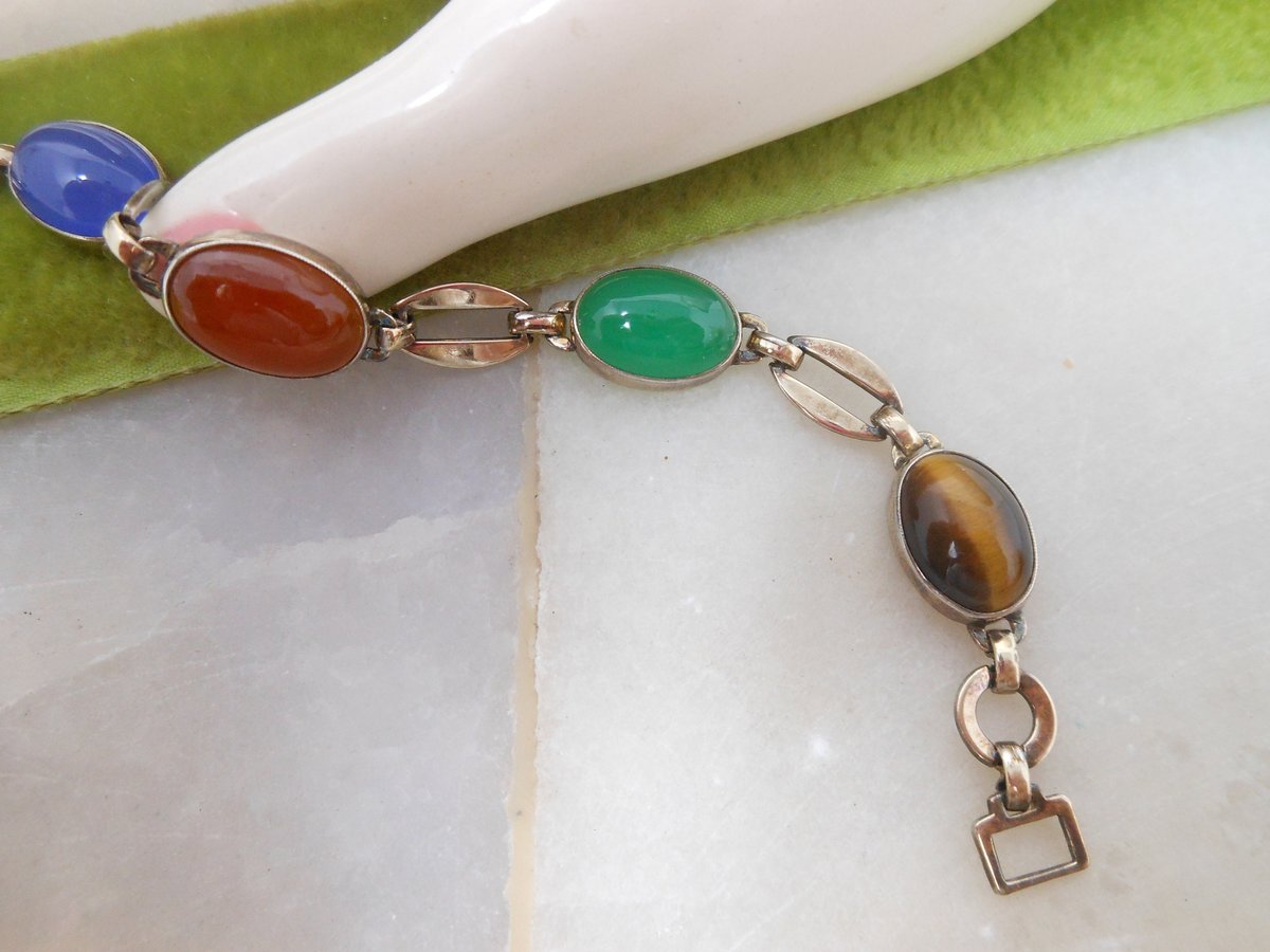 Vintage SYMMETALIC Bracelet STERLING SILVER Gemstone Link Tiger Eye Carnelian Chain Mid Century Designer Jewelry Gift, VivianJoel.com