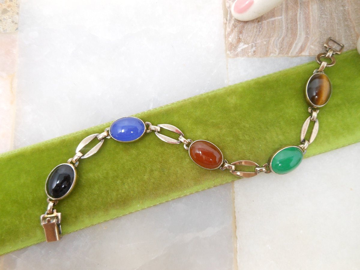 Vintage SYMMETALIC Bracelet STERLING SILVER Gemstone Link Tiger Eye Carnelian Chain Mid Century Designer Jewelry Gift, VivianJoel.com