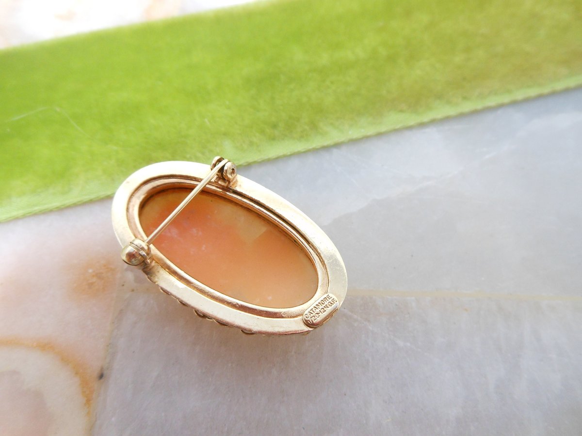 Vintage CATAMORE Cameo Brooch Chain Border Pin Gold Fill GF Designer Artisan Carved Mid Century Victorian Jewelry Gift, VivianJoel.com