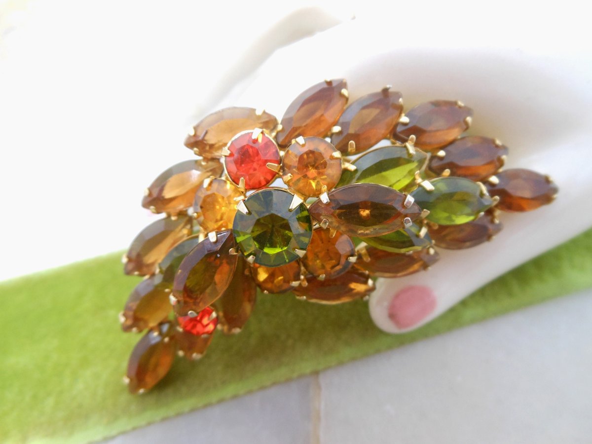 Vintage Topaz Rhinestone Brooch Flower Leaf Pin Open Back Layered Mid Century Jewelry Gift, VivianJoel.com