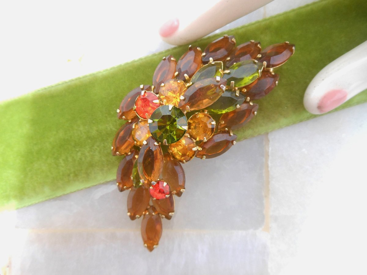 Vintage Topaz Rhinestone Brooch Flower Leaf Pin Open Back Layered Mid Century Jewelry Gift, VivianJoel.com
