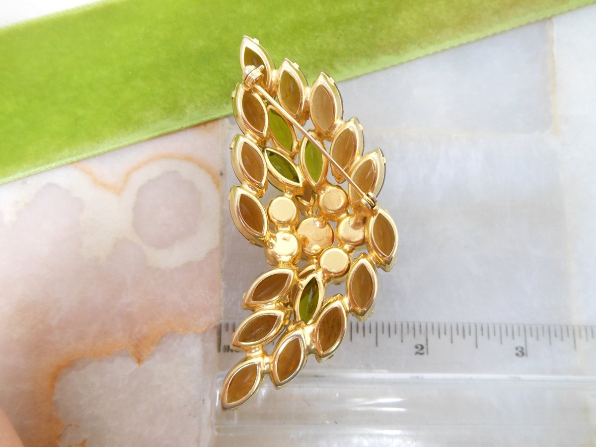 Vintage Topaz Rhinestone Brooch Flower Leaf Pin Open Back Layered Mid Century Jewelry Gift, VivianJoel.com