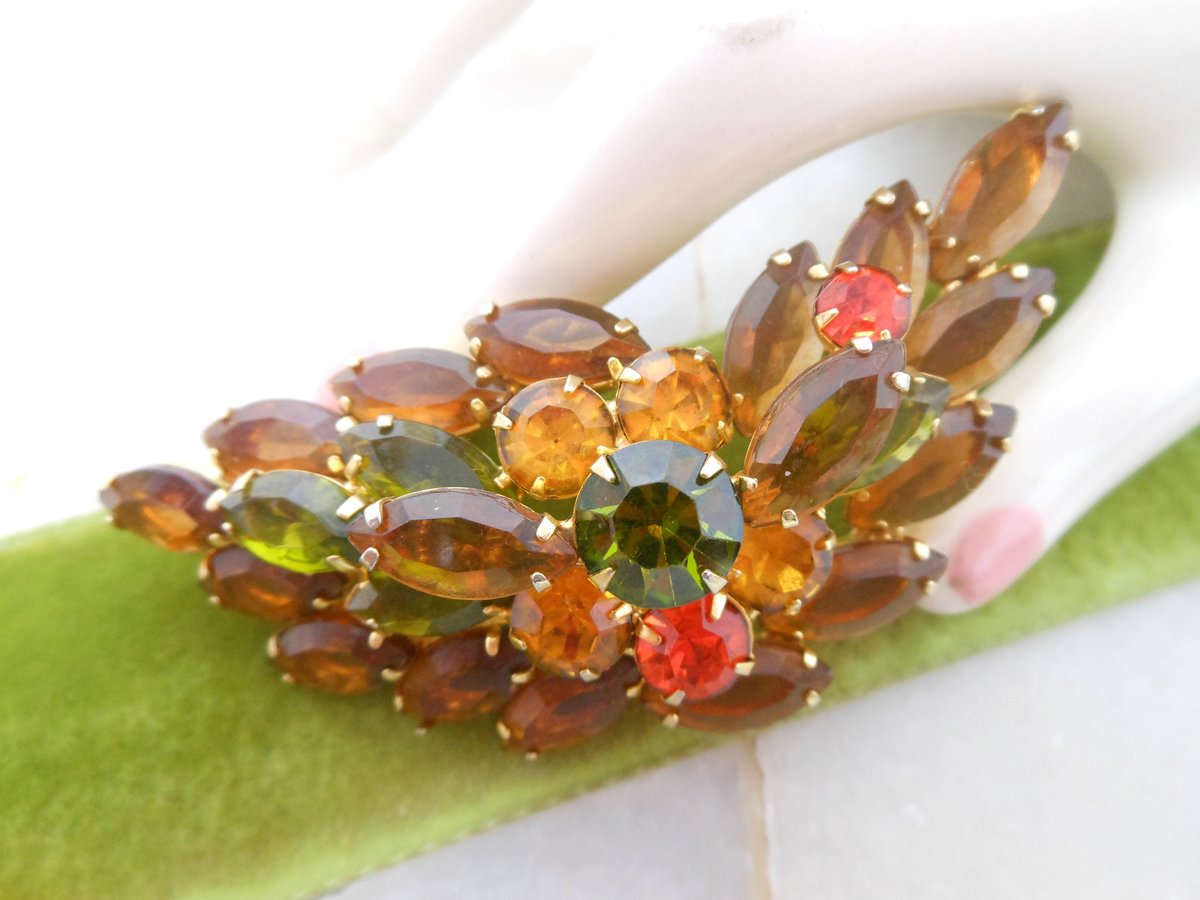 Vintage Topaz Rhinestone Brooch Flower Leaf Pin Open Back Layered Mid Century Jewelry Gift, VivianJoel.com