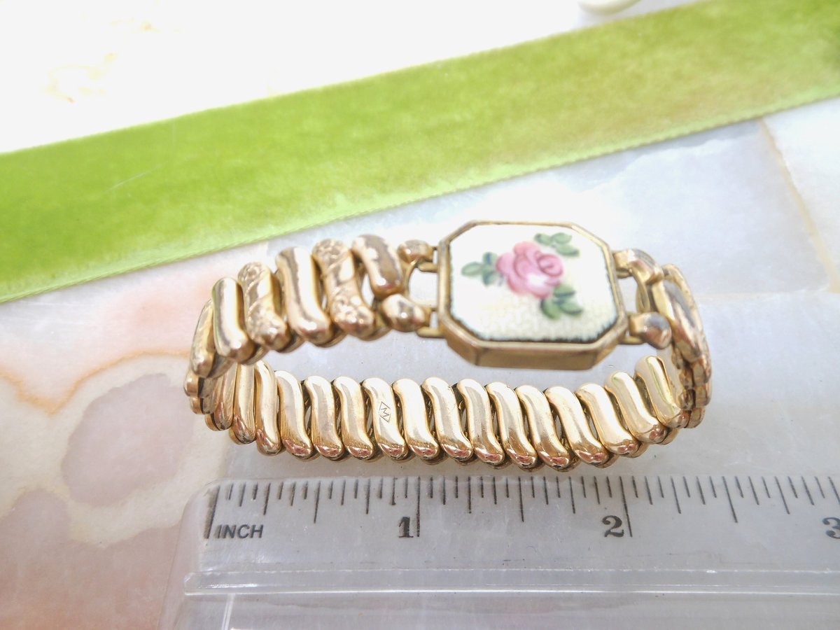 Vintage Antique Sweetheart Bracelet Pink Enamel Guilloche Expansion Cuff Gold Fill GF Victorian Jewelry, VivianJoel.com
