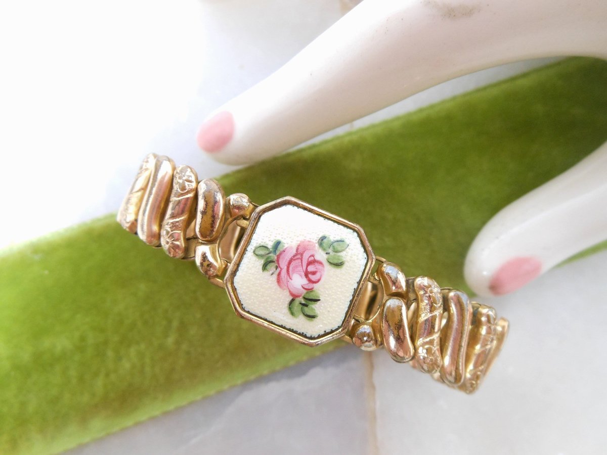 Vintage Antique Sweetheart Bracelet Pink Enamel Guilloche Expansion Cuff Gold Fill GF Victorian Jewelry, VivianJoel.com