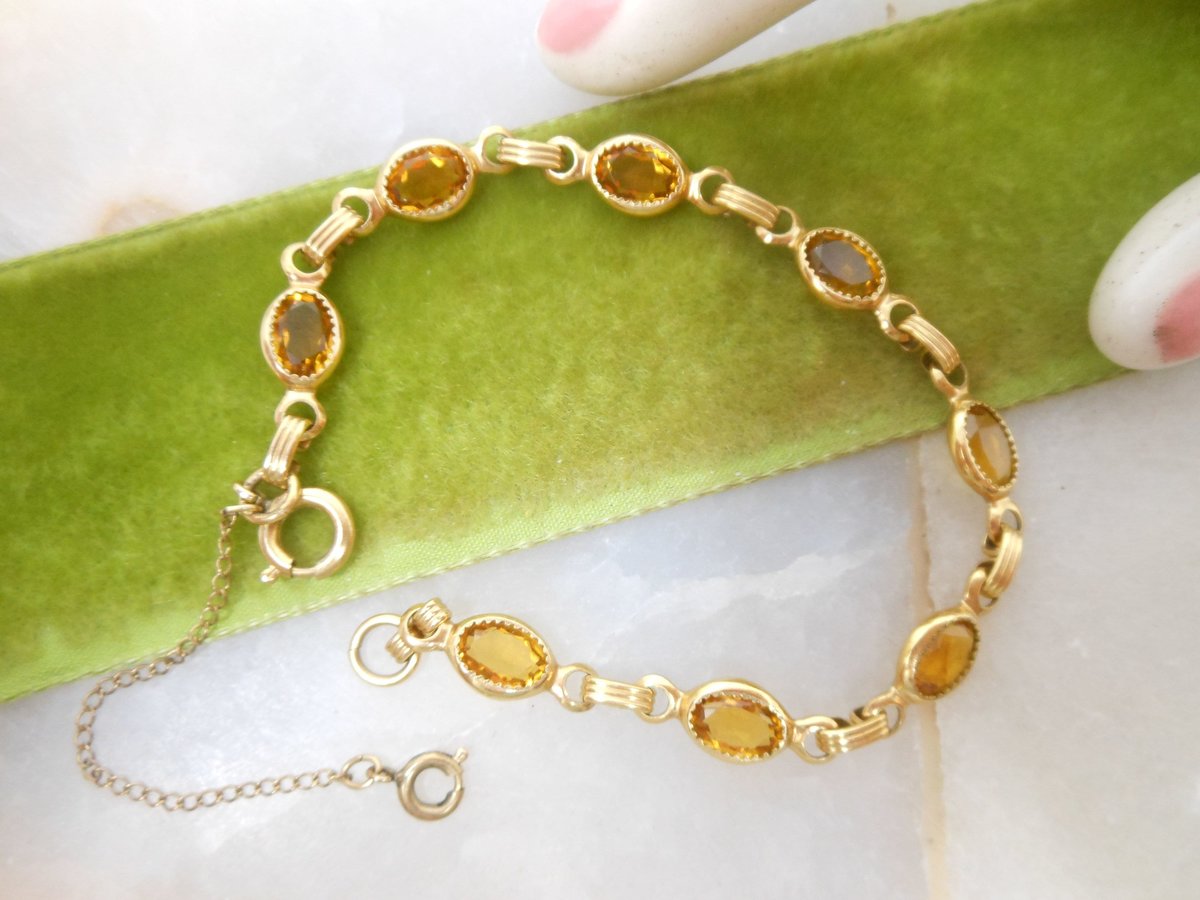 Vintage DANECRAFT Gold FILL Crystal Bracelet Link GF Skinny Bezel Setting Honey Topaz Designer Jewelry Mid Century Gift, VivianJoel.com