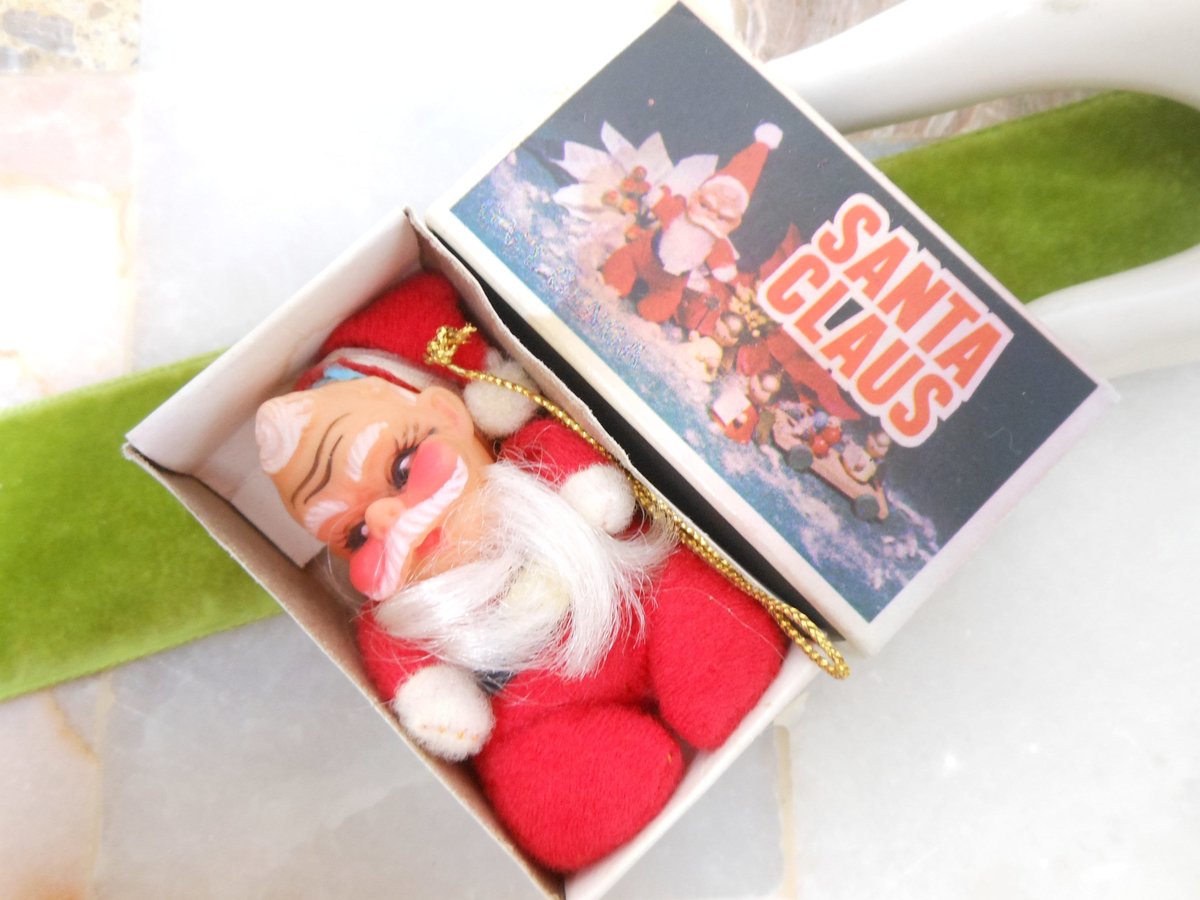 Vintage Santa Ornament Matchbox Christmas Rubber Face Doll Miniature Kitschmas Kitsch HONG KONG Mid Century Gift, VivianJoel.com