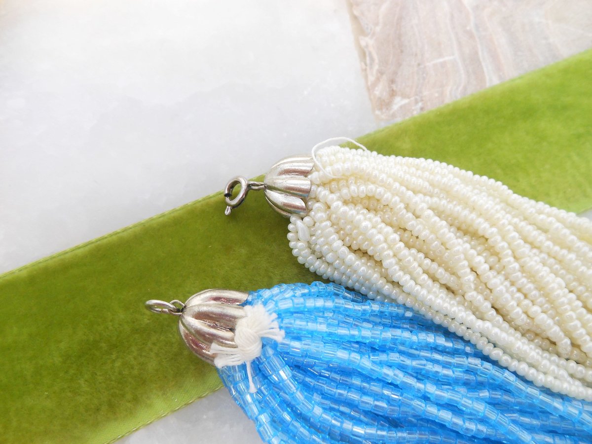 Vintage Blue White Torsade Necklace Glass Seed Bead Bugle 39 46 Strand Collar Mid Century Jewelry Gift, VivianJoel.com