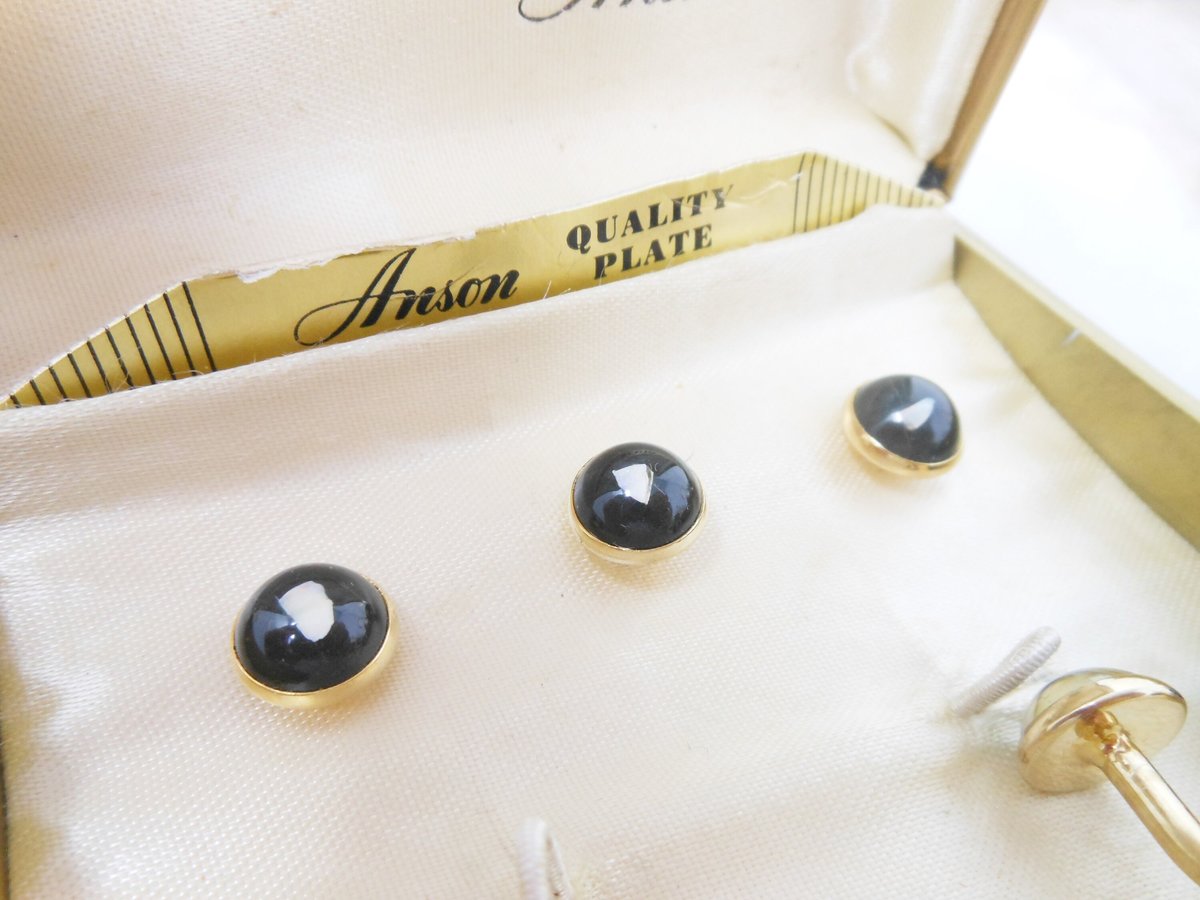 Vintage ANSON Tuxedo Set Floating Opal Stud Cufflink Cuff Links Gold Plate Original Box Mid Century Designer Gift,  VivianJoel.com
