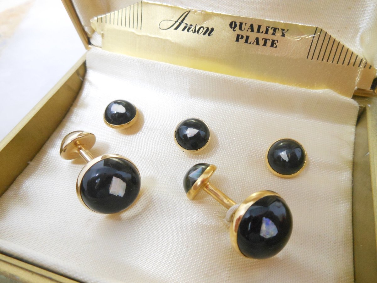 Vintage ANSON Tuxedo Set Floating Opal Stud Cufflink Cuff Links Gold Plate Original Box Mid Century Designer Gift,  VivianJoel.com